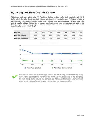 Góc nhìn cá nhân về việc sử dụng Fan Page và Contest trên Facebook tại Việt Nam - 2011



Họ thường “viết lên tường” vào lúc nào?

Tính trung bình, các Admin của 155 Fan Page thường update nhiều nhất vào thứ 4 và thứ 5
(giữa tuần). Tuy vậy, tính trung bình thì các nội dung được post vào ngày Chủ Nhật mới lại là
các nội dung được Like/Comment nhiều nhất. Liệu có phải do khi toàn bộ các Fan Page đều
post ít content hơn thì content đó sẽ có khả năng lưu lại trên Wall của các Fans lâu hơn và dễ
được Like/Comment hơn không?




            Hầu hết fan đều ít khi quay lại Page khi đã Like mà thường chỉ nhìn thấy nội dung
            được Admin cập nhật trên Newsfeed của mình. Do vậy, ngoài việc có nội dung hay
            thì một trong những yếu tố mà content của Admin post lên được Like/Comment
            nhiều là khả năng hiển thị trên Wall của các fans vào đúng thời điểm.




                                                                                         Trang 11/48
 