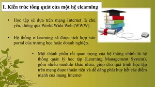 I. Kiến trúc tổng quát của một hệ elearning
• Học tập sẽ dựa trên mạng Internet là chủ
yếu, thông qua World Wide Web (WWW).
• Hệ thống e-Learning sẽ được tích hợp vào
portal của trường học hoặc doanh nghiệp.
• Một thành phần rất quan trọng của hệ thống chính là hệ
thống quản lý học tập (Learning Management System),
gồm nhiều module khác nhau, giúp cho quá trình học tập
trên mạng đuợc thuận tiện và dễ dàng phát huy hết các điểm
mạnh của mạng Internet
 