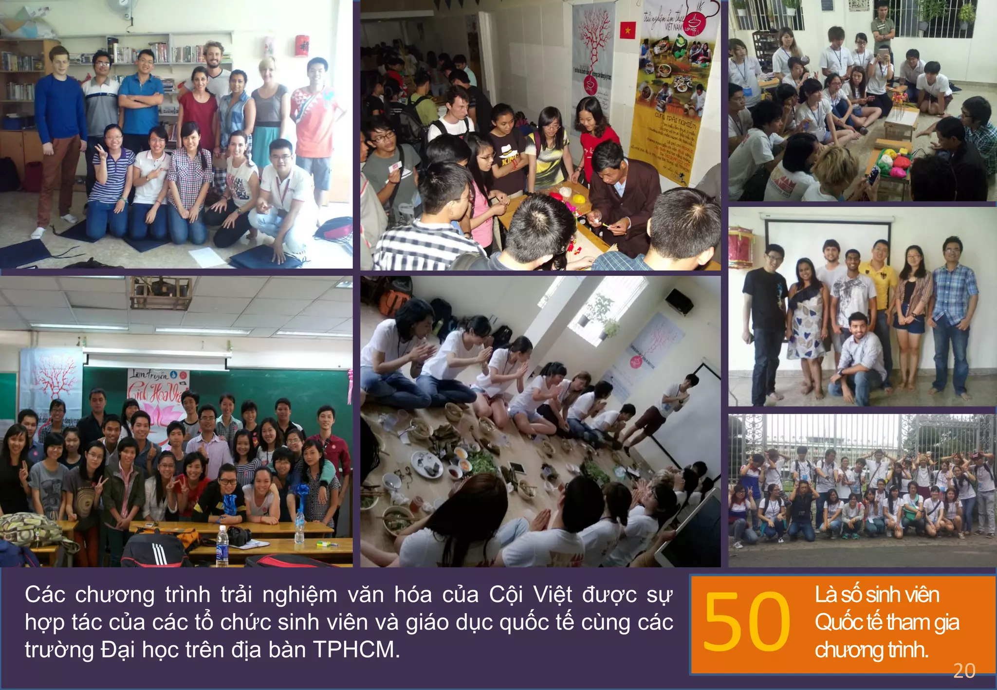 Các chƣơng trình trải nghiệm văn hóa của Cội Việt đƣợc sự
hợp tác của các tổ chức sinh viên và giáo dục quốc tế cùng các
trƣờng Đại học trên địa bàn TPHCM. 50
Làsốsinhviên
Quốctếthamgia
chƣơngtrình.
20
 