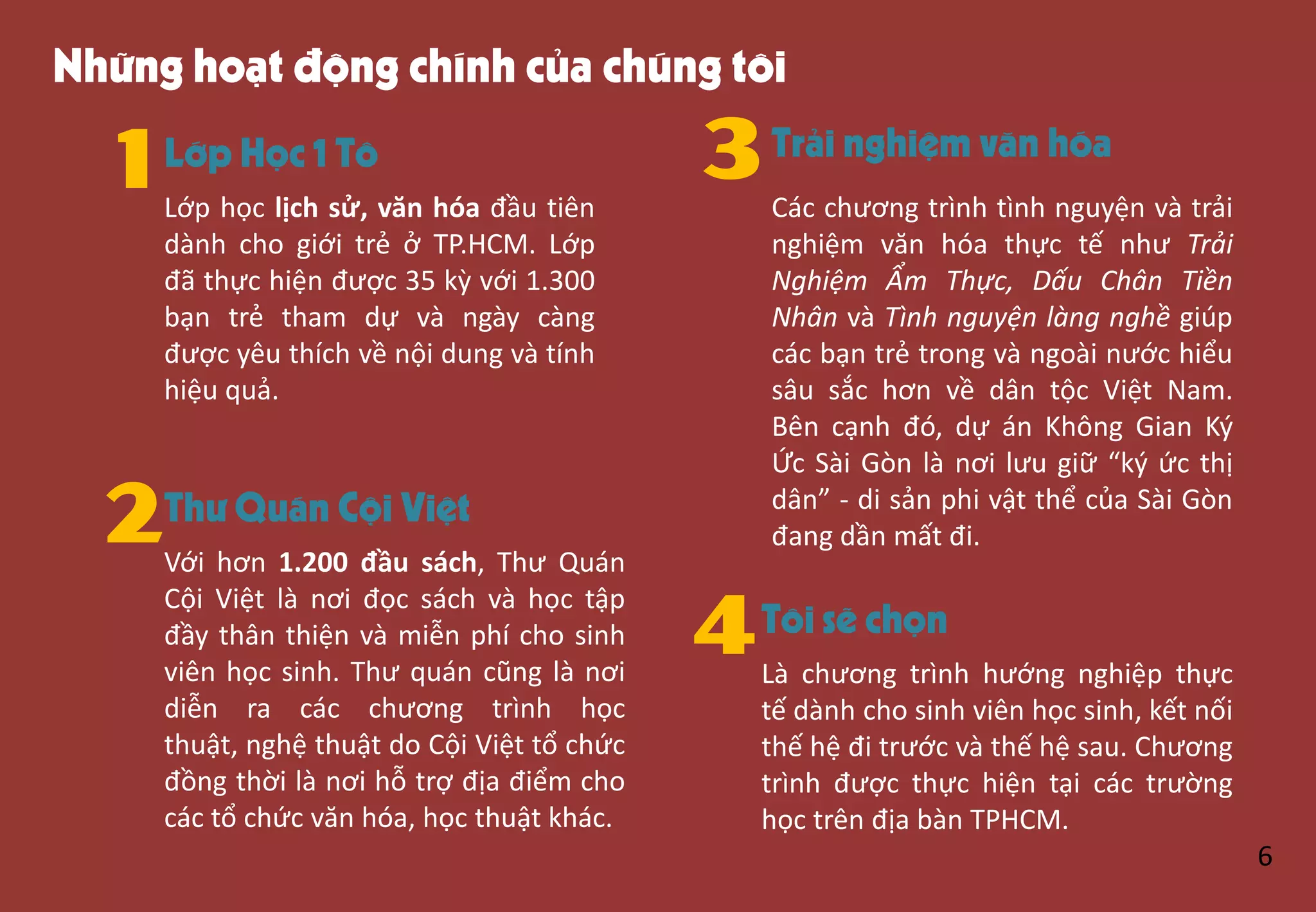 Những hoạt động chính của chúng tôi
1Lớp Học 1 Tô
Lớp học lịch sử, văn hóa đầu tiên
dành cho giới trẻ ở TP.HCM. Lớp
đã thực hiện được 35 kz với 1.300
bạn trẻ tham dự và ngày càng
được yêu thích về nội dung và tính
hiệu quả.
2Thư Quán Cội Việt
Với hơn 1.200 đầu sách, Thư Quán
Cội Việt là nơi đọc sách và học tập
đầy thân thiện và miễn phí cho sinh
viên học sinh. Thư quán cũng là nơi
diễn ra các chương trình học
thuật, nghệ thuật do Cội Việt tổ chức
đồng thời là nơi hỗ trợ địa điểm cho
các tổ chức văn hóa, học thuật khác.
3Trải nghiệm văn hóa
Các chương trình tình nguyện và trải
nghiệm văn hóa thực tế như Trải
Nghiệm Ẩm Thực, Dấu Chân Tiền
Nhân và Tình nguyện làng nghề giúp
các bạn trẻ trong và ngoài nước hiểu
sâu sắc hơn về dân tộc Việt Nam.
Bên cạnh đó, dự án Không Gian Ký
Ức Sài Gòn là nơi lưu giữ “ký ức thị
dân” - di sản phi vật thể của Sài Gòn
đang dần mất đi.
4Tôi sẽ chọn
Là chương trình hướng nghiệp thực
tế dành cho sinh viên học sinh, kết nối
thế hệ đi trước và thế hệ sau. Chương
trình được thực hiện tại các trường
học trên địa bàn TPHCM.
6
 