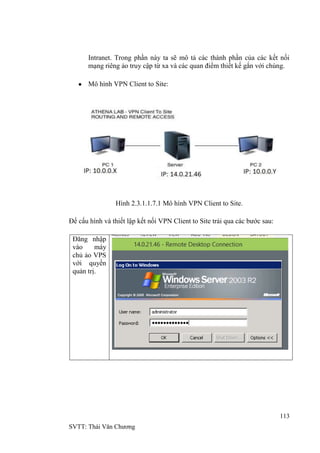 113
SVTT: Thái Văn Chƣơng
Intranet. Trong phần này ta sẽ mô tả các thành phần của các kết nối
mạng riêng ảo truy cập từ xa và các quan điểm thiết kế gắn với chúng.
Mô hình VPN Client to Site:
Hình 2.3.1.1.7.1 Mô hình VPN Client to Site.
Để cấu hình và thiết lập kết nối VPN Client to Site trải qua các bƣớc sau:
Đăng nhập
vào máy
chủ ảo VPS
với quyền
quản trị.
 