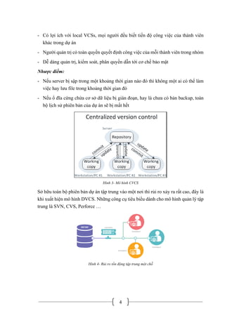 4
- Có lợi ích với local VCSs, mọi người đều biết tiến độ công việc của thành viên
khác trong dự án
- Người quản trị có toàn quyền quyết định công việc của mỗi thành viên trong nhóm
- Dễ dàng quản trị, kiểm soát, phân quyền dẫn tới cơ chế bảo mật
Nhược điểm:
- Nếu server bị sập trong một khoảng thời gian nào đó thì không một ai có thể làm
việc hay lưu file trong khoảng thời gian đó
- Nếu ổ đĩa cứng chứa cơ sở dữ liệu bị gián đoạn, hay là chưa có bản backup, toàn
bộ lịch sử phiên bản của dự án sẽ bị mất hết
Hình 3- Mô hình CVCS
Sở hữu toàn bộ phiên bản dự án tập trung vào một nơi thì rủi ro xảy ra rất cao, đây là
khi xuất hiện mô hình DVCS. Những công cụ tiêu biểu dành cho mô hình quản lý tập
trung là SVN, CVS, Perforce …
Hình 4- Rủi ro tồn động tập trung một chỗ
 