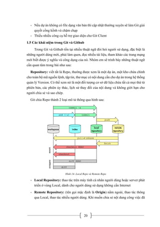 20
- Nếu dự án không có file dạng văn bản thì cập nhật thường xuyên sẽ làm Git giải
quyết cồng kềnh và chậm chạp
- Thiếu nhiều công cụ hỗ trợ giao diện cho Git Client
1.5 Các khái niệm trong Git và Github
Trong Git và Github tồn tại nhiều thuật ngữ đòi hỏi người sử dụng, đặc biệt là
những người dùng mới, phải làm quen, đọc nhiều tài liệu, tham khảo các trang mạng
mới biết được ý nghĩa và công dụng của nó. Nhóm em sẽ trình bày những thuật ngữ
cần quan tâm trong bài như sau:
Repository: viết tắt là Repo, thường được xem là một dự án, một kho chứa chính
cho toàn bộ mã nguồn lệnh, tập tin, thư mục có nội dung cần cho dự án trong hệ thống
quản lý Version. Có thể xem nó là một đối tượng cơ sở dữ liệu chứa tất cả mọi thứ từ
phiên bản, các phiên ủy thác, lịch sử thay đổi của nội dung và không giới hạn cho
người chia sẻ và sao chép.
Git chia Repo thành 2 loại mô tả thông qua hình sau:
Hình 14- Local Repo và Remote Repo
- Local Repository: thao tác trên máy tính cá nhân người dùng hoặc server phát
triển ở vùng Local, dành cho người dùng sử dụng không cần Internet
- Remote Repository: (tên gọi mặc định là Origin) nằm ngoài, thao tác thông
qua Local, thao tác nhiều người dùng. Khi muốn chia sẻ nội dung công việc đã
 