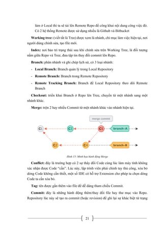 21
làm ở Local thì ta sẽ tải lên Remote Repo để công khai nội dung công việc đó.
Có 2 hệ thống Remote được sử dụng nhiều là Github và Bitbucket
Working tree: (viết tắt là Tree) được xem là nhánh, chỉ mục làm việc hiện tại, nơi
người dùng chỉnh sửa, tạo file mới.
Index: nơi bảo trì trạng thái sau khi chỉnh sửa trên Working Tree, là đối tượng
nằm giữa Repo và Tree, đưa tập tin thay đổi commit lên Repo.
Branch: phân nhánh và ghi chép lịch sử, có 3 loại nhánh:
- Local Branch: Branch quản lý trong Local Repository
- Remote Branch: Branch trong Remote Repository
- Remote Tracking Branch: Branch để Local Repository theo dõi Remote
Branch
Checkout: triển khai Branch ở Repo lên Tree, chuyển từ một nhánh sang một
nhánh khác.
Merge: trộn 2 hay nhiều Commit từ một nhánh khác vào nhánh hiện tại.
Hình 15- Minh họa hành động Merge
Conflict: đây là trường hợp có 2 sự thây đổi Code cùng lúc làm máy tính không
xác nhận được Code “cần”. Lúc này, lập trình viên phải chỉnh tay thủ công, xóa bỏ
dòng Code không cần thiết, một số IDE có hỗ trợ Extension cho phép ta chọn dòng
Code ta cần xóa bỏ.
Tag: tên được gắn thêm vào file để dễ dàng tham chiếu Commit.
Commit: đây là những hành động thêm/thay đổi file hay thư mục vào Repo.
Repository lúc này sẽ tạo ra commit (hoặc revision) để ghi lại sự khác biệt từ trạng
 
