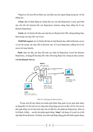 23
*Ngoài ra, Git còn hỗ trợ thêm các câu lệnh sau cho người dùng tương tác với hệ
thống Git.
Clone: đây là hành động tải xuống bản sao của một Repository Local, quá trình
này cần kết nối Internet khi các Repository Instance đang được đồng bộ từ các
Remote Repository.
Fetch: tải về (fetch) dữ liệu của toàn bộ các Branch trên URL nhưng không thực
hiện merge các thay đổi vào Local.
Pull/Pull request: tải về (fetch) dữ liệu từ một Branch duy nhất từ Remote server
và sau đó merge các thay đổi từ Remote này về Local Repository (đồng bộ từ Git
server tới máy khách).
Push: thao tác đẩy các thay đổi bản sao chép từ Repository Local lên Remote
Repository, sử dụng để lưu thay đổi vĩnh viễn trong Repo Git, tương tự như commit.
1.6 Git Remote Server
Hình 18- Công dụng Git Remote Server
Ở mục tiêu đề này nhóm em muốn giới thiệu tổng quát về các giao thức được
sử dụng đối với Git trên server cũng như công dụng của server đối với Git. Git server
đơn giản đóng vai trò làm một máy chủ cài đặt Git, cho phép tạo Repository. Đơn cử
là Github, Gitlab… sau đó cho phép người dùng “clone” nội dung về Local và có thể
cập nhật lên lại Remote. Nó được xem như một Repo đứng giữa để nhiều người dùng,
 