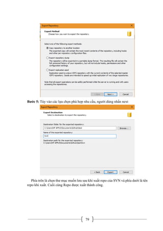 79
Bước 5: Tùy vào các lựa chọn phù hợp nhu cầu, người dùng nhấn next
Phía trên là chọn thư mục muốn lưu sau khi xuất repo của SVN và phía dưới là tên
repo khi xuất. Cuối cùng Repo được xuất thành công.
 