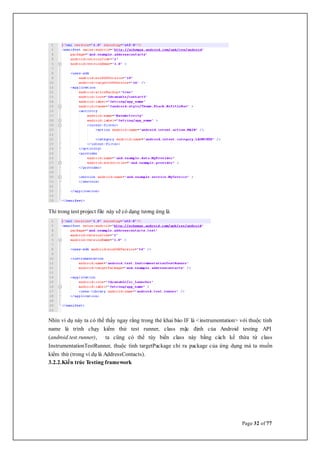 Page 32 of 77
Thì trong test project file này sẽ có dạng tương ứng là
Nhìn ví dụ này ta có thể thấy ngay rằng trong thẻ khai báo IF là <instrumentation> với thuộc tính
name là trình chạy kiểm thử test runner, class mặc định của Android testing API
(android.test.runner), ta cũng có thể tùy biến class này bằng cách kế thừa từ class
InstrumentationTestRunner, thuộc tính targetPackage chỉ ra package của ứng dụng mà ta muốn
kiểm thử (trong ví dụ là AddressContacts).
3.2.2.Kiến trúc Testing framework
 