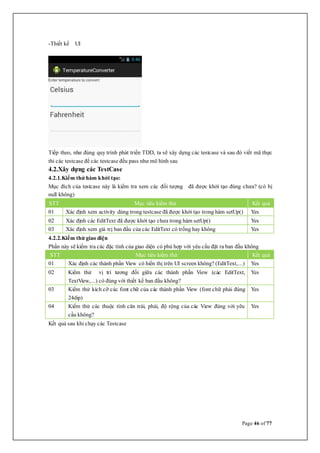 Page 46 of 77
-Thiết kế UI
Tiếp theo, như đúng quy trình phát triển TDD, ta sẽ xây dựng các testcase và sau đó viết mã thực
thi các testcase để các testcase đều pass như mô hình sau
4.2.Xây dựng các TestCase
4.2.1.Kiểm thử hàm khởi tạo:
Mục đích của testcase này là kiểm tra xem các đối tượng đã được khởi tạo đúng chưa? (có bị
null không)
STT Mục tiêu kiểm thử Kết quả
01 Xác định xem activity dùng trong testcase đã được khởi tạo trong hàm setUp() Yes
02 Xác định các EditText đã được khởi tạo chưa trong hàm setUp() Yes
03 Xác định xem giá trị ban đầu của các EditText có trống hay không Yes
4.2.2.Kiểm thử giao diện
Phần này sẽ kiểm tra các đặc tính của giao diện có phù hợp với yêu cầu đặt ra ban đầu không
STT Mục tiêu kiểm thử Kết quả
01 Xác định các thành phần View có hiển thị trên UI screen không? (EditText,...) Yes
02 Kiểm thử vị trí tương đối giữa các thành phần View (các EditText,
TextView,...) có đúng với thiết kế ban đầu không?
Yes
03 Kiểm thử kích cỡ các font chữ của các thành phần View (font chữ phải đúng
24dip)
Yes
04 Kiểm thử các thuộc tính căn trái, phải, độ rộng của các View đúng với yêu
cầu không?
Yes
Kết quả sau khi chạy các Testcase
 