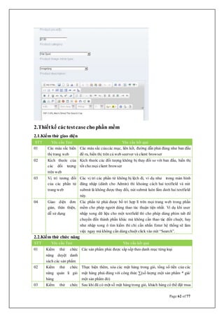 Page 62 of 77
2.Thiếtkế các testcase cho phần mềm
2.1.Kiểm thử giao diện
STT Yêu cầu Test Yêu cầu kết quả
01 Các màu sắc hiển
thị trang web
Các màu sắc củacác mục, liên kết, đường dẫn phải đúng như ban đầu
để ra, hiển thị trên cả web seerver và client browser
02 Kích thước của
các đối tượng
trên web
Kích thước các đối tượng không bị thay đổi so với ban đầu, hiển thị
tốt cho mọi client browser
03 Vị trí tương đối
của các phần tử
trang web
Các vị trí các phần tử không bị lệch đi, ví dụ như trong màn hình
đăng nhập (dành cho Admin) thì khoảng cách hai textfield và nút
submit là không được thay đổi, nút submit luôn lằm dưới hai textfield
này.
04 Giao diện đơn
giản, thân thiện,
dễ sử dụng
Các phần tử phải được bố trí hợp lí trên mọi trang web trong phần
mềm cho phép người dùng thao tác thuận tiện nhất. Ví dụ khi user
nhập xong dữ liệu cho một textfield thì cho phép dùng phím tab để
chuyển đến thành phần khác mà không cần thao tác đến chuột, hay
như nhập xong ô tìm kiếm thì chỉ cần nhấn Enter hệ thống sẽ làm
việc ngay mà không cần dùng chuột click vào nút “Search”.
2.2.Kiểm thử chức năng
STT Yêu cầu Test Yêu cầu kết quả
01 Kiểm thử chức
năng duyệt danh
sách các sản phẩm
Các sản phẩm phải được sắp sếp theo danh mục từng loại
02 Kiểm thử chức
năng quản lí giỏ
hàng
Thực hiện thêm, xóa các mặt hàng trong giỏ, tổng số tiền của các
mặt hàng phải đúng với công thức ∑(số lượng một sản phẩm * giá/
một sản phẩm đó)
03 Kiểm thử chức Sau khi đã có một số mặt hàng trong giỏ, khách hàng có thể đặt mua
 