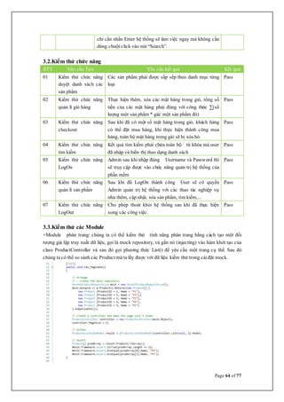 Page 64 of 77
chỉ cần nhấn Enter hệ thống sẽ làm việc ngay mà không cần
dùng chuột click vào nút “Search”.
3.2.Kiểm thử chức năng
STT Yêu cầu Test Yêu cầu kết quả Kết quả
01 Kiểm thử chức năng
duyệt danh sách các
sản phẩm
Các sản phẩm phải được sắp sếp theo danh mục từng
loại
Pass
02 Kiểm thử chức năng
quản lí giỏ hàng
Thực hiện thêm, xóa các mặt hàng trong giỏ, tổng số
tiền của các mặt hàng phải đúng với công thức ∑(số
lượng một sản phẩm * giá/ một sản phẩm đó)
Pass
03 Kiểm thử chức năng
checkout
Sau khi đã có một số mặt hàng trong giỏ, khách hàng
có thể đặt mua hàng, khi thực hiện thành công mua
hàng, toàn bộ mặt hàng trong giỏ sẽ bị xóa bỏ.
Pass
04 Kiểm thử chức năng
tìm kiếm
Kết quả tìm kiếm phải chứa toàn bộ từ khóa mà user
đã nhập và hiển thị theo dạng danh sách
Pass
05 Kiểm thử chức năng
LogOn
Admin sau khi nhập đúng Username và Password thì
sẽ truy cập được vào chức năng quản trị hệ thống của
phần mềm
Pass
06 Kiểm thử chức năng
quản lí sản phẩm
Sau khi đã LogOn thành công User sẽ có quyền
Admin quản trị hệ thống với các thao tác nghiệp vụ
như thêm, cập nhật, xóa sản phẩm, tìm kiếm,...
Pass
07 Kiểm thử chức năng
LogOut
Cho phép thoát khỏi hệ thống sau khi đã thực hiện
xong các công việc.
Pass
3.3.Kiểm thử các Module
+Module phân trang: chúng ta có thể kiểm thử tính năng phân trang bằng cách tạo một đối
tượng giả lập truy xuất dữ liệu, gọi là mock repository, và gắn nó (injecting) vào hàm khởi tạo của
class ProductController và sau đó gọi phương thức List() để yêu cầu một trang cụ thể. Sau đó
chúng ta có thể so sánh các Product mà ta lấy được với dữ liệu kiểm thử trong càiđặt mock.
 