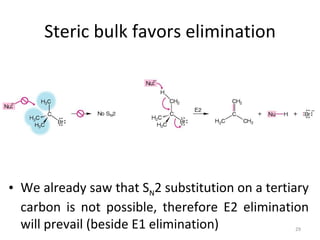 Steric bulk favors elimination




• We already saw that SN2 substitution on a tertiary
  carbon is not possible, therefore E2 elimination
  will prevail (beside E1 elimination)           29
 