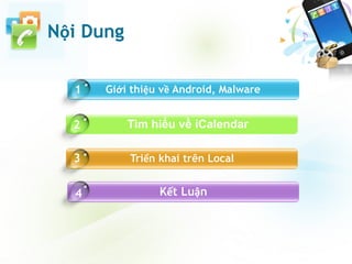Giới thiệu về Android, Malware
Triển khai trên Local
Kết Luận4
1
3
Nội Dung
Tìm hiểu về iCalendar2
 