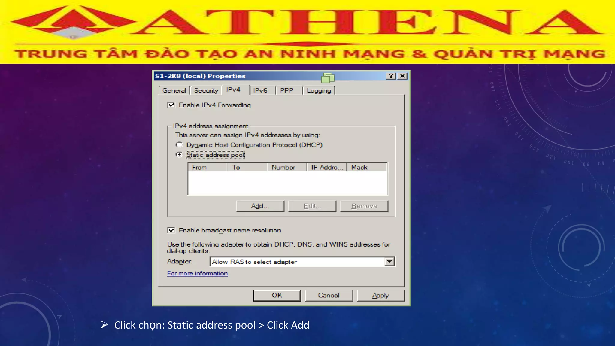  Click chọn: Static address pool > Click Add
 