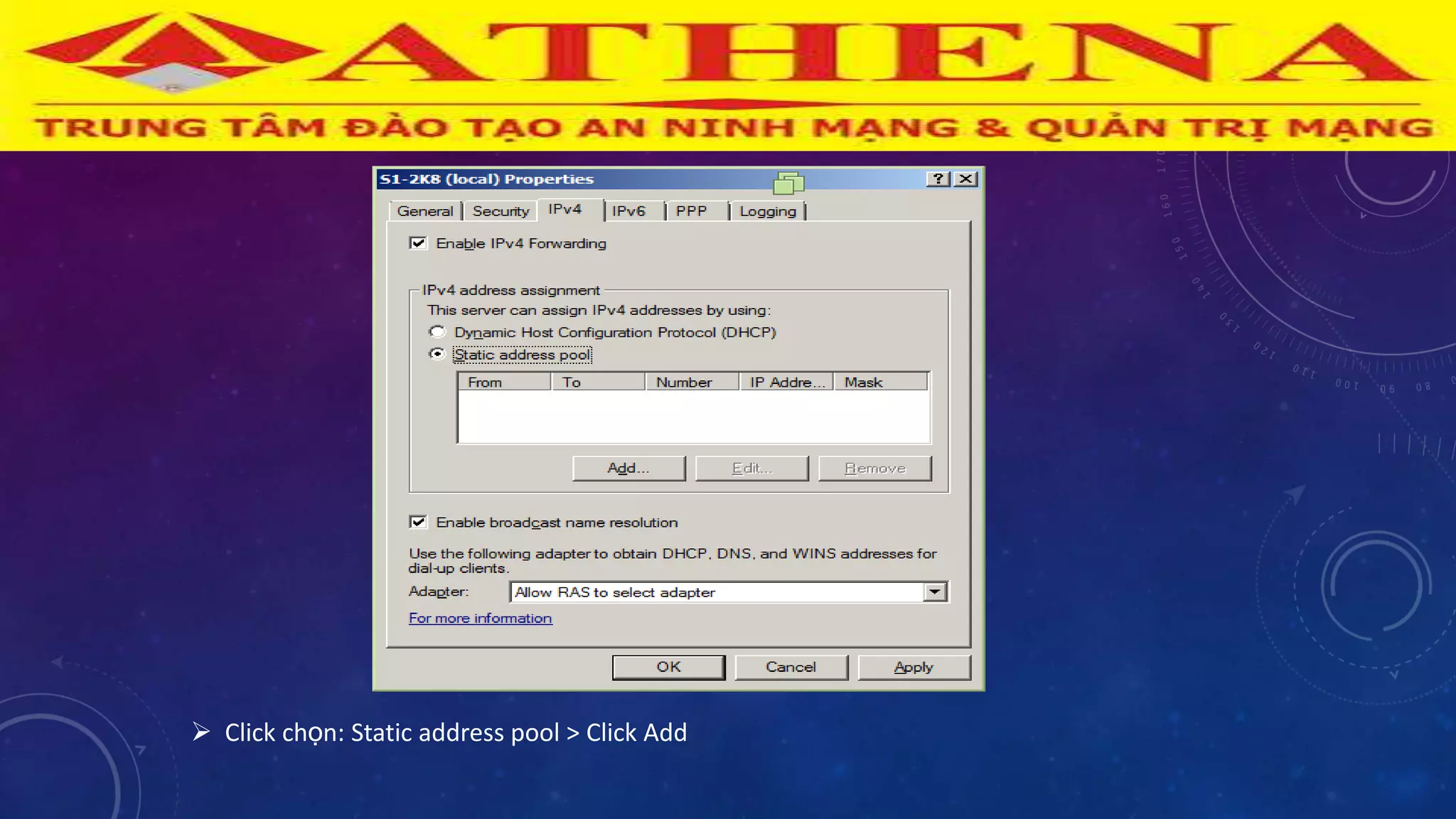  Click chọn: Static address pool > Click Add
 