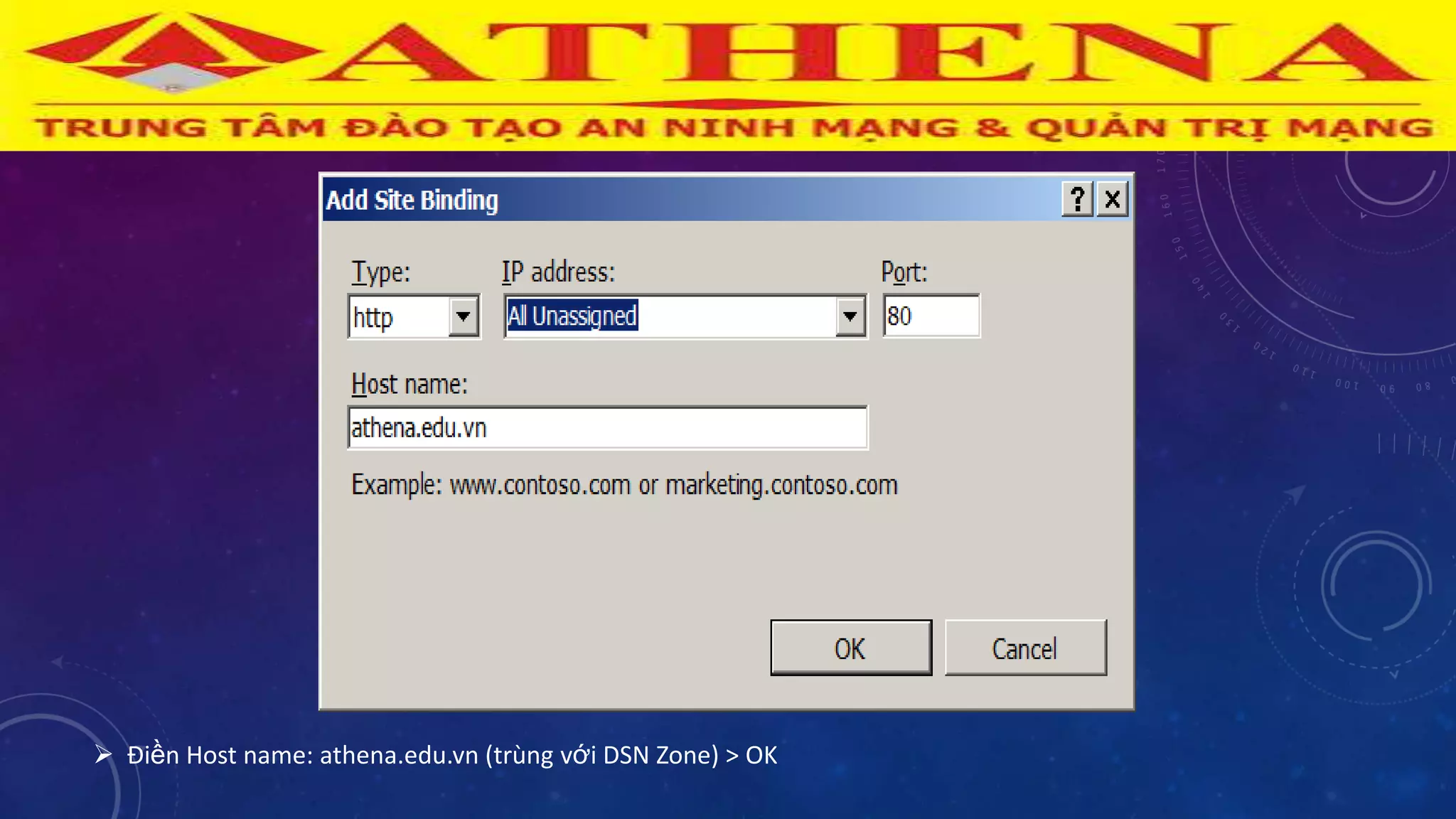  Điền Host name: athena.edu.vn (trùng với DSN Zone) > OK
 