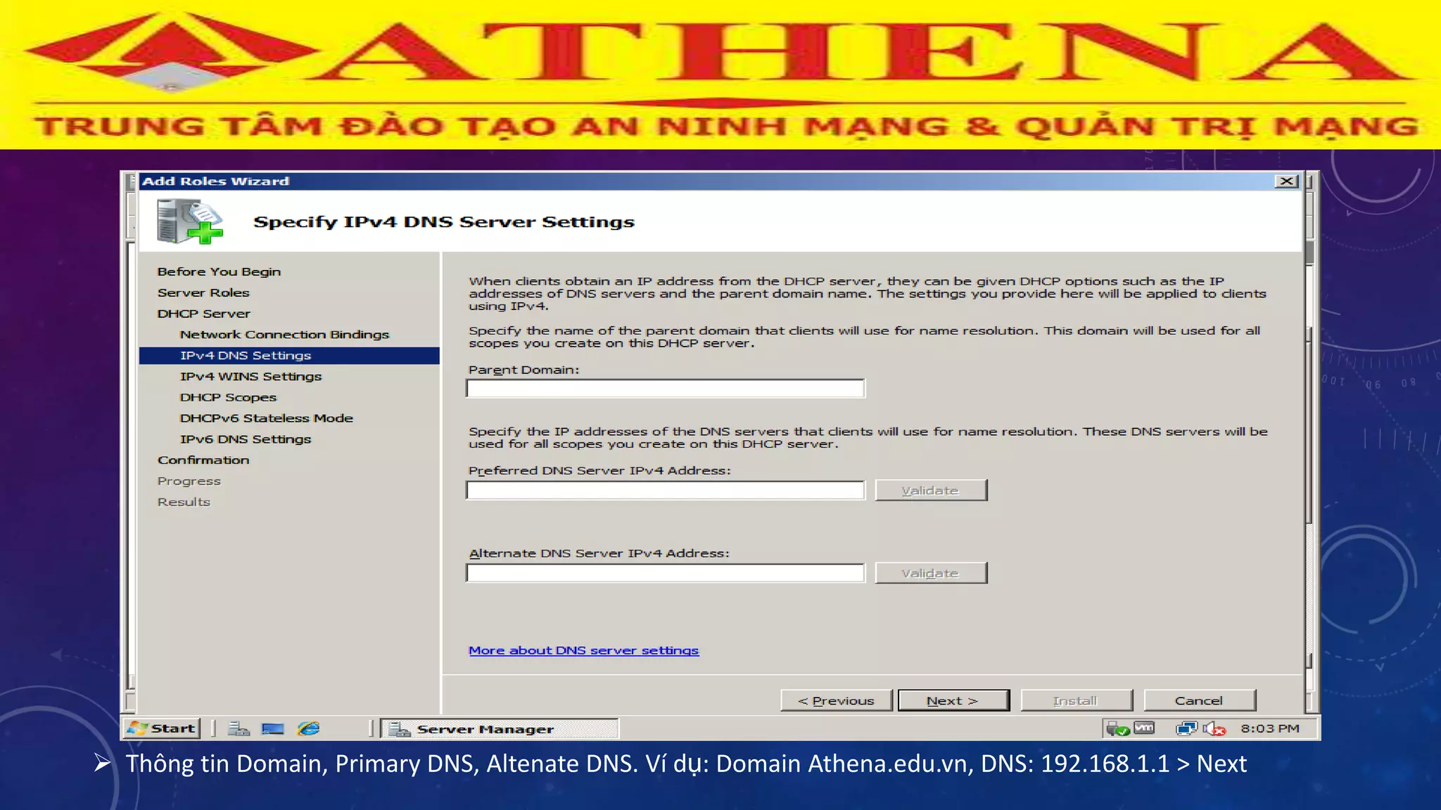  Thông tin Domain, Primary DNS, Altenate DNS. Ví dụ: Domain Athena.edu.vn, DNS: 192.168.1.1 > Next
 