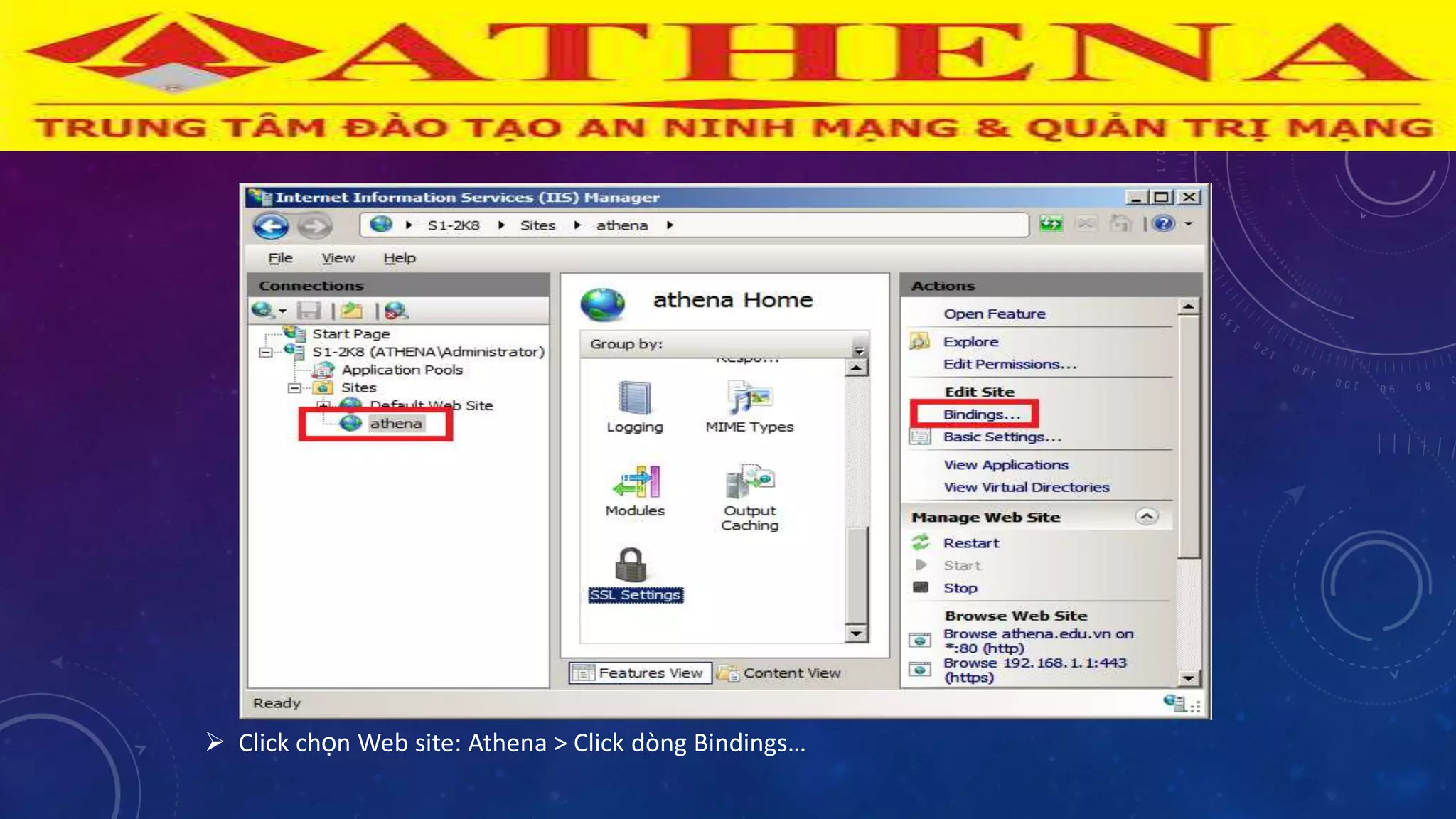  Click chọn Web site: Athena > Click dòng Bindings…
 