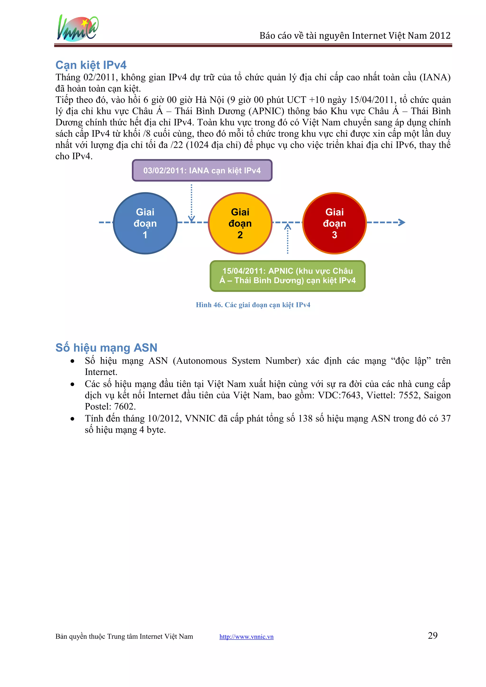Báo cáo về tài nguyên Internet Việt Nam 2012


Cạn kiệt IPv4
Tháng 02/2011, không gian IPv4 dự trữ của tổ chức quản lý địa chỉ cấp cao nhất toàn cầu (IANA)
đã hoàn toàn cạn kiệt.
Tiếp theo đó, vào hồi 6 giờ 00 giờ Hà Nội (9 giờ 00 phút UCT +10 ngày 15/04/2011, tổ chức quản
lý địa chỉ khu vực Châu Á – Thái Bình Dương (APNIC) thông báo Khu vực Châu Á – Thái Bình
Dương chính thức hết địa chỉ IPv4. Toàn khu vực trong đó có Việt Nam chuyển sang áp dụng chính
sách cấp IPv4 từ khối /8 cuối cùng, theo đó mỗi tổ chức trong khu vực chỉ được xin cấp một lần duy
nhất với lượng địa chỉ tối đa /22 (1024 địa chỉ) để phục vụ cho việc triển khai địa chỉ IPv6, thay thế
cho IPv4.
                           03/02/2011: IANA cạn kiệt IPv4




                        Giai                            Giai                         Giai
                        đoạn                            đoạn                         đoạn
                         1                                2                            3


                                                      15/04/2011: APNIC (khu vực Châu
                                                     Á – Thái Bình Dương) cạn kiệt IPv4

                                              Hình 46. Các giai đoạn cạn kiệt IPv4




Số hiệu mạng ASN
         Số hiệu mạng ASN (Autonomous System Number) xác định các mạng “độc lập” trên
         Internet.
         Các số hiệu mạng đầu tiên tại Việt Nam xuất hiện cùng với sự ra đời của các nhà cung cấp
         dịch vụ kết nối Internet đầu tiên của Việt Nam, bao gồm: VDC:7643, Viettel: 7552, Saigon
         Postel: 7602.
         Tính đến tháng 10/2012, VNNIC đã cấp phát tổng số 138 số hiệu mạng ASN trong đó có 37
         số hiệu mạng 4 byte.




Bản quyền thuộc Trung tâm Internet Việt Nam          http://www.vnnic.vn                                 29
 