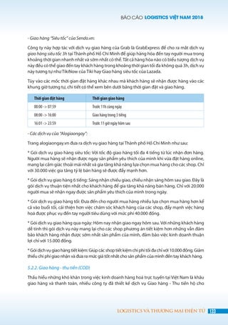 BÁO CÁO LOGISTICS VIỆT NAM 2018
133LOGISTICS VÀ THƯƠNG MẠI ĐIỆN TỬ
- Giao hàng “Siêu tốc” của Sendo.vn:
Công ty này hợp tác với dịch vụ giao hàng của Grab là GrabExpress để cho ra mắt dịch vụ
giao hàng siêu tốc 3h tại Thành phố Hồ Chí Minh để giúp hàng hóa đến tay người mua trong
khoảng thời gian nhanh nhất và sớm nhất có thể. Tất cả hàng hóa nào có biểu tượng dịch vụ
này đều có thể giao đến tay khách hàng trong khoảng thời gian tối đa không quá 3h, dịch vụ
này tương tự như TikiNow của Tiki hay Giao hàng siêu tốc của Lazada.
Tùy vào các mốc thời gian đặt hàng khác nhau mà khách hàng sẽ nhận được hàng vào các
khung giờ tương tự, chi tiết có thể xem bên dưới bảng thời gian đặt và giao hàng.
Thời gian đặt hàng Thời gian giao hàng
00:00 -> 07:59 Trước 11h cùng ngày
08:00 -> 16:00 Giao hàng trong 3 tiếng
16:01 -> 23:59 Trước 11 giờ ngày hôm sau
- Các dịch vụ của “Alogiaongay”:
Trang alogiaongay.vn đưa ra dịch vụ giao hàng tại Thành phố Hồ Chí Minh như sau:
* Gói dịch vụ giao hàng siêu tốc: Với tốc độ giao hàng tối đa 4 tiếng từ lúc nhận đơn hàng.
Người mua hàng sẽ nhận được ngay sản phẩm yêu thích của mình khi vừa đặt hàng online,
mang lại cảm giác thoải mái nhất và gia tăng khả năng lựa chọn mua hàng cho các shop. Chỉ
với 30.000 việc gia tăng tỷ lệ bán hàng sẽ được đẩy mạnh hơn.
* Gói dịch vụ giao hàng 6 tiếng: Sáng nhận chiều giao, chiều nhận sáng hôm sau giao. Đây là
gói dịch vụ thuận tiện nhất cho khách hàng để gia tăng khả năng bán hàng. Chỉ với 20.000
người mua sẽ nhận ngay được sản phẩm yêu thích của mình trong ngày.
* Gói dịch vụ giao hàng tối: Đưa đến cho người mua hàng nhiều lựa chọn mua hàng hơn kể
cả vào buổi tối, cải thiện hơn việc chăm sóc khách hàng của các shop, đẩy mạnh việc hàng
hoá được phục vụ đến tay người tiêu dùng với mức phí 40.000 đồng.
* Gói dịch vụ giao hàng qua ngày: Hôm nay nhận giao ngay hôm sau. Với những khách hàng
dễ tính thì gói dịch vụ này mang lại cho các shop phương án tiết kiệm hơn những vẫn đảm
bảo khách hàng nhận được sớm nhất sản phẩm của mình, đảm bảo việc kinh doanh thuận
lợi chỉ với 15.000 đồng.
* Gói dịch vụ giao hàng tiết kiệm: Giúp các shop tiết kiệm chi phí tối đa chỉ với 10.000 đồng. Giảm
thiểu chi phí giao nhận và đưa ra mức giá tốt nhất cho sản phẩm của mình đến tay khách hàng.
5.2.2. Giao hàng - thu tiền (COD)
Thấu hiểu những khó khăn trong việc kinh doanh hàng hoá trực tuyến tại Việt Nam là khâu
giao hàng và thanh toán, nhiều công ty đã thiết kế dịch vụ Giao hàng - Thu tiền hộ cho
 