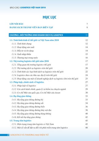 BÁO CÁO LOGISTICS VIỆT NAM 2018
2 LOGISTICS VÀ THƯƠNG MẠI ĐIỆN TỬ
MỤC LỤC
LỜI NÓI ĐẦU 7
DANH SÁCH THÀNH VIÊN BAN BIÊN TẬP 9
CHƯƠNGI.MÔITRƯỜNGKINHDOANHDỊCHVỤLOGISTICS 11
1.1. Tình hình kinh tế thế giới và Việt Nam năm 2018 12
1.1.1. Tình hình chung 12
1.1.2. Hoạt động sản xuất 14
1.1.3. Đầu tư và tín dụng 14
1.1.4. Xuất nhập khẩu 15
1.1.5. Thương mại trong nước 16
1.2. Thị trường logistics thế giới năm 2018 17
1.2.1. Tổng quan thị trường logistics thế giới 17
1.2.2. Thị trường dịch vụ logistics trên thế giới 20
1.2.3. Tình hình các loại hình dịch vụ logistics trên thế giới 22
1.2.4. Logistics theo các khu vực địa lý trên thế giới 24
1.2.5. Hoạt động của một số doanh nghiệp dịch vụ logistics lớn trên thế giới 25
1.3. Pháp luật, chính sách về logistics 27
1.3.1. Pháp luật về logistics 27
1.3.2. Cải cách hành chính, quản lý và kiểm tra chuyên ngành 29
1.3.3. Cơ chế Một cửa quốc gia, Cơ chế Một cửa Asean 30
1.4. Hạ tầng giao thông 33
1.4.1. Hạ tầng giao thông đường bộ 33
1.4.2. Hạ tầng giao thông đường sắt 34
1.4.3. Hạ tầng giao thông đường biển 36
1.4.4. Hạ tầng giao thông đường thủy nội địa 38
1.4.5. Hạ tầng giao thông đường hàng không 40
1.4.6. Kết nối hạ tầng giao thông 42
1.5. Trung tâm logistics 45
1.5.1. Hiện trạng trung tâm logistics ở Việt Nam 45
1.5.2. Một số vấn đề đặt ra đối với phát triển trung tâm logistics 48
 