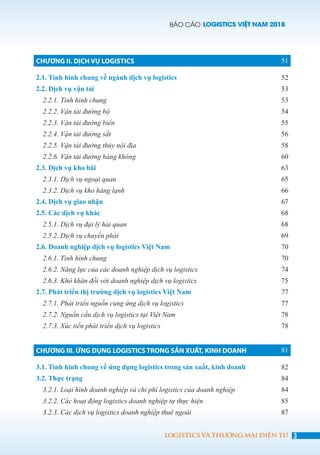 BÁO CÁO LOGISTICS VIỆT NAM 2018
3LOGISTICS VÀ THƯƠNG MẠI ĐIỆN TỬ
CHƯƠNG II. DỊCH VỤ LOGISTICS 51
2.1. Tình hình chung về ngành dịch vụ logistics 52
2.2. Dịch vụ vận tải 53
2.2.1. Tình hình chung 53
2.2.2. Vận tải đường bộ 54
2.2.3. Vận tải đường biển 55
2.2.4. Vận tải đường sắt 56
2.2.5. Vận tải đường thủy nội địa 58
2.2.6. Vận tải đường hàng không 60
2.3. Dịch vụ kho bãi 63
2.3.1. Dịch vụ ngoại quan 65
2.3.2. Dịch vụ kho hàng lạnh 66
2.4. Dịch vụ giao nhận 67
2.5. Các dịch vụ khác 68
2.5.1. Dịch vụ đại lý hải quan 68
2.5.2. Dịch vụ chuyển phát 69
2.6. Doanh nghiệp dịch vụ logistics Việt Nam 70
2.6.1. Tình hình chung 70
2.6.2. Năng lực của các doanh nghiệp dịch vụ logistics 74
2.6.3. Khó khăn đối với doanh nghiệp dịch vụ logistics 75
2.7. Phát triển thị trường dịch vụ logistics Việt Nam 77
2.7.1. Phát triển nguồn cung ứng dịch vụ logistics 77
2.7.2. Nguồn cầu dịch vụ logistics tại Việt Nam 78
2.7.3. Xúc tiến phát triển dịch vụ logistics 78
CHƯƠNG III. ỨNG DỤNG LOGISTICS TRONG SẢN XUẤT, KINH DOANH 81
3.1. Tình hình chung về ứng dụng logistics trong sản xuất, kinh doanh 82
3.2. Thực trạng 84
3.2.1. Loại hình doanh nghiệp và chi phí logistics của doanh nghiệp 84
3.2.2. Các hoạt động logistics doanh nghiệp tự thực hiện 85
3.2.3. Các dịch vụ logistics doanh nghiệp thuê ngoài 87
 