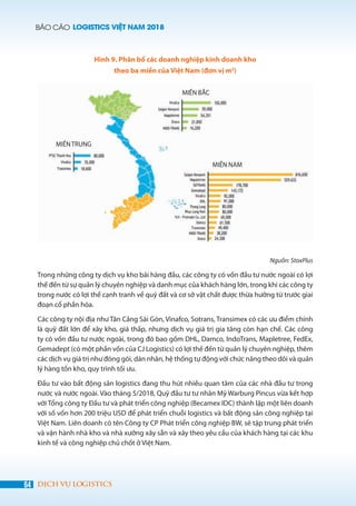 BÁO CÁO LOGISTICS VIỆT NAM 2018
64 DỊCH VỤ LOGISTICS
Hình 9. Phân bổ các doanh nghiệp kinh doanh kho
theo ba miền của Việt Nam (đơn vị m2
)
MIỀN BẮC
MIỀN NAM
MIỀNTRUNG
Nguồn: StoxPlus
Trong những công ty dịch vụ kho bãi hàng đầu, các công ty có vốn đầu tư nước ngoài có lợi
thế đến từ sự quản lý chuyên nghiệp và danh mục của khách hàng lớn, trong khi các công ty
trong nước có lợi thế cạnh tranh về quỹ đất và cơ sở vật chất được thừa hưởng từ trước giai
đoạn cổ phần hóa.
Các công ty nội địa như Tân Cảng Sài Gòn, Vinafco, Sotrans, Transimex có các ưu điểm chính
là quỹ đất lớn để xây kho, giá thấp, nhưng dịch vụ giá trị gia tăng còn hạn chế. Các công
ty có vốn đầu tư nước ngoài, trong đó bao gồm DHL, Damco, IndoTrans, Mapletree, FedEx,
Gemadept (có một phần vốn của CJ Logistics) có lợi thế đến từ quản lý chuyên nghiệp, thêm
các dịch vụ giá trị như đóng gói, dán nhãn, hệ thống tự động với chức năng theo dõi và quản
lý hàng tồn kho, quy trình tối ưu.
Đầu tư vào bất động sản logistics đang thu hút nhiều quan tâm của các nhà đầu tư trong
nước và nước ngoài. Vào tháng 5/2018, Quỹ đầu tư tư nhân Mỹ Warburg Pincus vừa kết hợp
với Tổng công ty Đầu tư và phát triển công nghiệp (Becamex IDC) thành lập một liên doanh
với số vốn hơn 200 triệu USD để phát triển chuỗi logistics và bất động sản công nghiệp tại
Việt Nam. Liên doanh có tên Công ty CP Phát triển công nghiệp BW, sẽ tập trung phát triển
và vận hành nhà kho và nhà xưởng xây sẵn và xây theo yêu cầu của khách hàng tại các khu
kinh tế và công nghiệp chủ chốt ở Việt Nam.
 