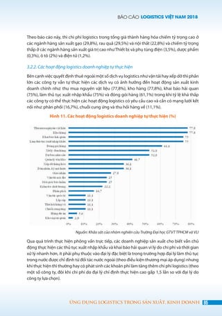 BÁO CÁO LOGISTICS VIỆT NAM 2018
85ỨNG DỤNG LOGISTICS TRONG SẢN XUẤT, KINH DOANH
Theo báo cáo này, thì chi phí logistics trong tổng giá thành hàng hóa chiếm tỷ trọng cao ở
các ngành hàng sản xuất gạo (29,8%), rau quả (29,5%) và nội thất (22,8%) và chiếm tỷ trọng
thấp ở các ngành hàng sản xuất giá trị cao như Thiết bị và phụ tùng điện (3,5%), dược phẩm
(0,3%), ô tô (2%) và điện tử (1,2%).
3.2.2. Các hoạt động logistics doanh nghiệp tự thực hiện
Bên cạnh việc quyết định thuê ngoài một số dịch vụ logistics như vận tải hay xếp dỡ thì phần
lớn các công ty vẫn tự thực hiện các dịch vụ có ảnh hưởng đến hoạt động sản xuất kinh
doanh chính như: thu mua nguyên vật liệu (77,8%), kho hàng (77,8%), khai báo hải quan
(75%), làm thủ tục xuất nhập khẩu (75%) và đóng gói hàng (61,1%) trong khi tỷ lệ khá thấp
các công ty có thể thực hiện các hoạt động logistics có yêu cầu cao và cần có mạng lưới kết
nối như: phân phối (16,7%), chuỗi cung ứng và thu hồi hàng về (11,1%).
Hình 11. Các hoạt động logistics doanh nghiệp tự thực hiện (%)
Nguồn: Khảo sát của nhóm nghiên cứu Trường Đại học GTVT TPHCM và VLI
Qua quá trình thực hiện phỏng vấn trực tiếp, các doanh nghiệp sản xuất cho biết vẫn chủ
động thực hiện các thủ tục xuất nhập khẩu và khai báo hải quan vì lý do chi phí và thời gian
xử lý nhanh hơn, ít phải phụ thuộc vào đại lý đặc biệt là trong trường hợp đại lý làm thủ tục
trong nước được chỉ định từ đối tác nước ngoài (theo điều kiện thương mại áp dụng) nhưng
khi thực hiện thì thường hay có phát sinh các khoản phí làm tăng thêm chi phí logistics (theo
một số công ty, đôi khi chi phí do đại lý chỉ định thực hiện cao gấp 1,5 lần so với đại lý do
công ty lựa chọn).
 