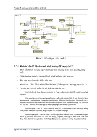 Project 1: Viết App chat text trên android
Nguyễn Văn Thiệu – KSTN-CNTT-K58 7
Hình 5: Biểu đồ gói chứa model
2.1.2. Thiết kế chi tiết lớp theo mô hình hướng đối tượng MVC
- Thiết kế chi tiết cho các lớp: Các thuộc tính, phương thức, mối quan hệ, ràng
buộc.
- Bài toán được thiết kế theo mô hình MVC với cấu trúc như sau:
- Thư mục app chưa các folder như sau:
Manifests : Chứa file AndroidManifest.xml (Phân quyền, chạy app, quản lý…)
- Thự mục java chứa mã nguồn chủ yếu là các package như sau:
Gói Util gồm 2 class: CustomFontUtils và ProgressGenerator. Gói hỗ trợ gói model và
gói data.
Gói appchat.com.thieunv.chatapplication : gồm các class chính là các Activity. Như
MainActivity, LoginActivity, CreateAccountActivity, ManagerUserActivity, SettingsActivity,
AboutActivity, ChatTwoUserActivity. Các Activity chủ yếu là thực hiện hành động, các function
của app. Và 1 Activity chính để app có thể hoạt động được là ChatApplication.
Gói data gồm 4 class là: Const (chứa các hằng số), DialogDate (Dữ liệu lịch/ngày tháng
năm), FontCache ( Hỗ trợ Font), PageAdapter (Bộ chuyển đổi page).
Gói manager gồm 3 class là : Page1 (Quản lý giao diện hiển thị danh sách bạn bè), Page2
(Quản lý giao diện danh sách các cuộc hội thoại) , Page3 (Quản lý giao diện danh sách user
dùng App). Gói này chủ yếu điều khiển hoạt động của các giao diện tương ứng. (Controller)
 