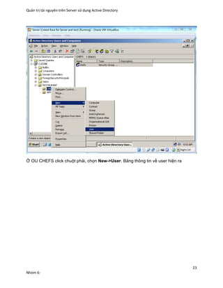 Quản trị tài nguyên trên Server sử dụng Active Directory
23
Nhóm 6:
Ở OU CHEFS click chuột phải, chọn New->User. Bảng thông tin về user hiện ra
 