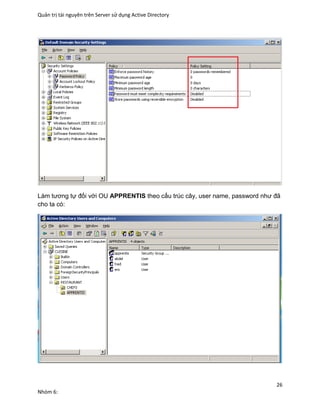 Quản trị tài nguyên trên Server sử dụng Active Directory
26
Nhóm 6:
Làm tương tự đối với OU APPRENTIS theo cấu trúc cây, user name, password như đã
cho ta có:
 