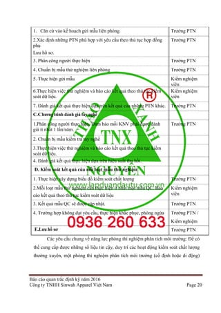 Báo cáo quan trắc định kỳ năm 2016
Công ty TNHH Sinwah Apparel Việt Nam Page 20
1. Căn cứ vào kế hoạch gửi mẫu liên phòng ...