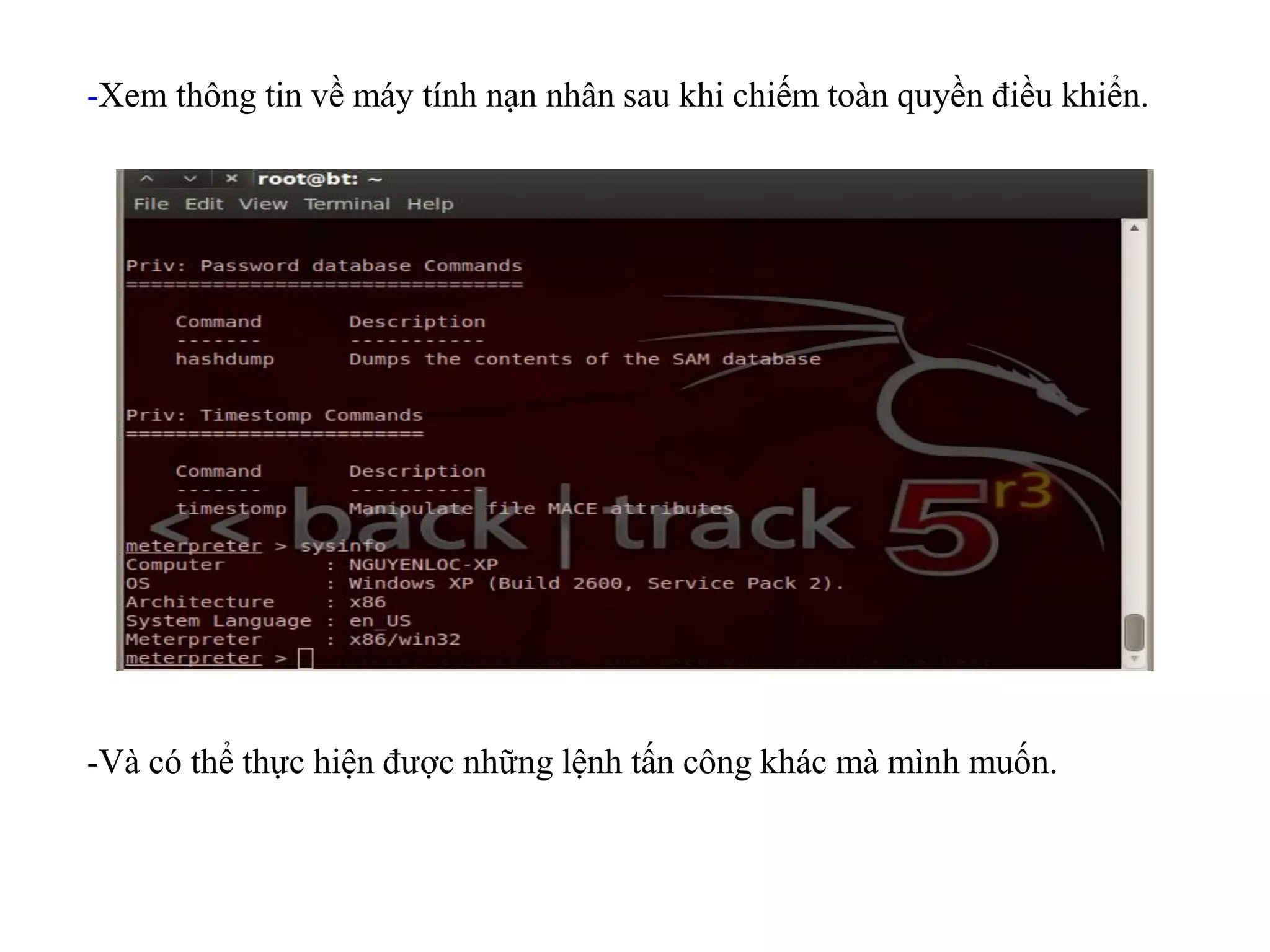 -Xem thông tin về máy tính nạn nhân sau khi chiếm toàn quyền điều khiển.
-Và có thể thực hiện được những lệnh tấn công khác mà mình muốn.
 