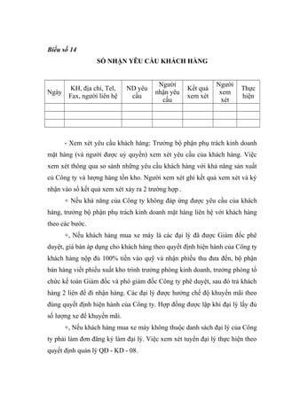 Biểu số 14
SỔ NHẬN YÊU CẦU KHÁCH HÀNG

Ngày

KH, địa chỉ, Tel,
Fax, người liên hệ

ND yêu
cầu

Người
nhận yêu
cầu

Kết quả
xem xét

Người
xem
xét

Thực
hiện

- Xem xét yêu cầu khách hàng: Trưởng bộ phận phụ trách kinh doanh
mặt hàng (và người được uỷ quyền) xem xét yêu cầu của khách hàng. Việc
xem xét thông qua so sánh những yêu cầu khách hàng với khả năng sản xuất
củ Công ty và lượng hàng tồn kho. Người xem xét ghi kết quả xem xét và ký
nhận vào sổ kết quả xem xét xảy ra 2 trường hợp .
+ Nếu khả năng của Công ty không đáp ứng được yêu cầu của khách
hàng, trưởng bộ phận phụ trách kinh doanh mặt hàng liên hệ với khách hàng
theo các bước.
+, Nếu khách hàng mua xe máy là các đại lý đã được Giám đốc phê
duyệt, giá bán áp dụng cho khách hàng theo quyết định hiện hành của Công ty
khách hàng nộp đủ 100% tiền vào quỹ và nhận phiếu thu đưa đến, bộ phận
bán hàng viết phiếu xuất kho trình trưởng phòng kinh doanh, trưởng phòng tổ
chức kế toán Giám đốc và phó giám đốc Công ty phê duyệt, sau đó trả khách
hàng 2 liên để đi nhận hàng. Các đại lý được hưởng chế độ khuyến mãi theo
đúng quyết định hiện hành của Công ty. Hợp đồng được lập khi đại lý lấy đủ
số lượng xe để khuyến mãi.
+, Nếu khách hàng mua xe máy không thuộc danh sách đại lý của Công
ty phải làm đơn đăng ký làm đại lý. Việc xem xét tuyển đại lý thực hiện theo
quyết định quản lý QĐ - KD - 08.

 