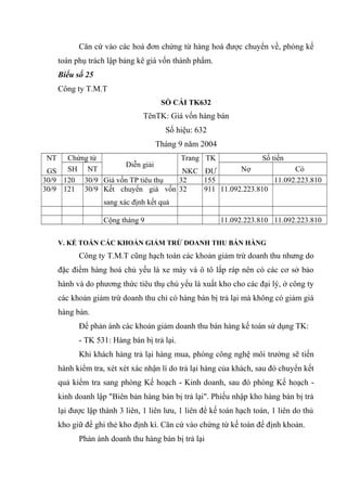 Căn cứ vào các hoá đơn chứng từ hàng hoá được chuyển về, phòng kế
toán phụ trách lập bảng kê giá vốn thành phẩm.
Biểu số 25
Công ty T.M.T
SỔ CÁI TK632

TênTK: Giá vốn hàng bán
Số hiệu: 632
Tháng 9 năm 2004
NT

Chứng từ
Diễn giải
GS SH NT
30/9 120 30/9 Giá vốn TP tiêu thụ
30/9 121 30/9 Kết chuyển giá vốn

Trang TK

Số tiền

Nợ
Có
NKC ĐƯ
32
155
11.092.223.810
32
911 11.092.223.810

sang xác định kết quả
Cộng tháng 9

11.092.223.810 11.092.223.810

V. KẾ TOÁN CÁC KHOẢN GIẢM TRỪ DOANH THU BÁN HÀNG

Công ty T.M.T cũng hạch toán các khoản giảm trừ doanh thu nhưng do
đặc điểm hàng hoá chủ yếu là xe máy và ô tô lắp ráp nên có các cơ sở bảo
hành và do phương thức tiêu thụ chủ yếu là xuất kho cho các đại lý, ở công ty
các khoản giảm trừ doanh thu chỉ có hàng bán bị trả lại mà không có giảm giá
hàng bán.
Để phản ánh các khoản giảm doanh thu bán hàng kế toán sử dụng TK:
- TK 531: Hàng bán bị trả lại.
Khi khách hàng trả lại hàng mua, phòng công nghệ môi trường sẽ tiến
hành kiểm tra, xét xét xác nhận lí do trả lại hàng của khách, sau đó chuyển kết
quả kiểm tra sang phòng Kế hoạch - Kinh doanh, sau đó phòng Kế hoạch kinh doanh lập "Biên bản hàng bán bị trả lại". Phiếu nhập kho hàng bán bị trả
lại được lập thành 3 liên, 1 liên lưu, 1 liên để kế toán hạch toán, 1 liên do thủ
kho giữ để ghi thẻ kho định kì. Căn cứ vào chứng từ kế toán để định khoản.
Phản ánh doanh thu hàng bán bị trả lại

 