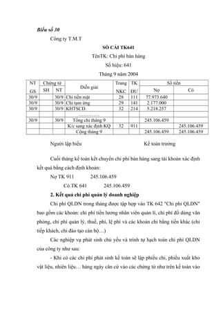 Biểu số 30
Công ty T.M.T
SỔ CÁI TK641

TênTK: Chi phí bán hàng
Số hiệu: 641
Tháng 9 năm 2004
NT
GS
30/9
30/9
30/9
30/9

Chứng từ
Trang TK
Diễn giải
SH NT
NKC ĐƯ
30/9 Chi tiền mặt
28 111
30/9 Chi tạm ứng
29 141
30/9 KHTSCĐ
32 214
………….
30/9
Tổng chi tháng 9
K/c sang xác định KQ
32 911
Cộng tháng 9

Người lập biểu

Số tiền
Nợ
77.973.640
2.177.000
5.218.257

Có

245.106.459
245.106.459

245.106.459
245.106.459

Kế toán trưởng

Cuối tháng kế toán kết chuyển chi phí bán hàng sang tài khoản xác định
kết quả bằng cách định khoản:
Nợ TK 911
Có TK 641

245.106.459
245.106.459

2. Kết quả chi phí quản lý doanh nghiệp
Chi phí QLDN trong tháng được tập hợp vào TK 642 "Chi phí QLDN"
bao gồm các khoản: chi phí tiền lương nhân viên quản lí, chi phí đồ dùng văn
phòng, chi phí quản lý, thuế, phí, lệ phí và các khoản chi bằng tiền khác (chi
tiếp khách, chi đào tạo cán bộ…)
Các nghiệp vụ phát sinh chủ yếu và trình tự hạch toán chi phí QLDN
của công ty như sau:
- Khi có các chi phí phát sinh kế toán sẽ lập phiếu chi, phiếu xuất kho
vật liệu, nhiên liệu… hàng ngày căn cứ vào các chứng từ như trên kế toán vào

 