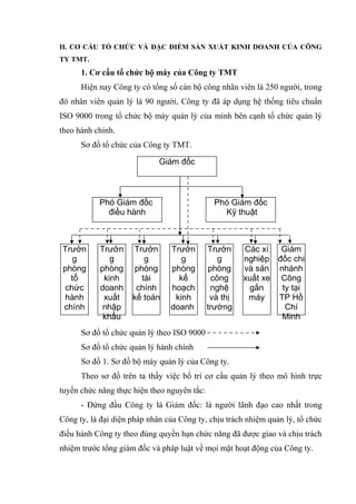 II. CƠ CẤU TỔ CHỨC VÀ ĐẶC ĐIỂM SẢN XUẤT KINH DOANH CỦA CÔNG
TY TMT.

1. Cơ cấu tổ chức bộ máy của Công ty TMT
Hiện nay Công ty có tổng số cán bộ công nhân viên là 250 người, trong
đó nhân viên quản lý là 90 người, Công ty đã áp dụng hệ thống tiêu chuẩn
ISO 9000 trong tổ chức bộ máy quản lý của mình bên cạnh tổ chức quản lý
theo hành chính.
Sơ đồ tổ chức của Công ty TMT.
Giám đốc

Phó Giám đốc
điều hành

Trưởn
g
phòng
tổ
chức
hành
chính

Trưởn
g
phòng
kinh
doanh
xuất
nhập
khẩu

Trưởn
g
phòng
tài
chính
kế toán

Phó Giám đốc
Kỹ thuật

Trưởn
g
phòng
kế
hoạch
kinh
doanh

Trưởn
g
phòng
công
nghệ
và thị
trường

Các xí
Giám
nghiệp đốc chi
và sản nhánh
xuất xe Công
gắn
ty tại
máy
TP Hồ
Chí
Minh

Sơ đồ tổ chức quản lý theo ISO 9000
Sơ đồ tổ chức quản lý hành chính
Sơ đồ 1. Sơ đồ bộ máy quản lý của Công ty.
Theo sơ đồ trên ta thấy việc bố trí cơ cấu quản lý theo mô hình trực
tuyến chức năng thực hiện theo nguyên tắc:
- Đứng đầu Công ty là Giám đốc: là người lãnh đạo cao nhất trong
Công ty, là đại diện pháp nhân của Công ty, chịu trách nhiệm quản lý, tổ chức
điều hành Công ty theo đúng quyền hạn chức năng đã được giao và chịu trách
nhiệm trước tổng giám đốc và pháp luật về mọi mặt hoạt động của Công ty.

 