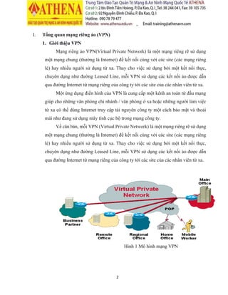 2
I. Tổng quan mạng riêng ảo (VPN)
1. Giới thiệu VPN
Mạng riêng ảo VPN(Virtual Private Network) là một mạng riêng rẽ sử dụng
một mạng chung (thường là Internet) để kết nối cùng với các site (các mạng riêng
lẻ) hay nhiều người sử dụng từ xa. Thay cho việc sử dụng bởi một kết nối thực,
chuyên dụng như đường Leased Line, mỗi VPN sử dụng các kết nối ảo được dẫn
qua đường Internet từ mạng riêng của công ty tới các site của các nhân viên từ xa.
Một ứng dụng điển hình của VPN là cung cấp một kênh an toàn từ đầu mạng
giúp cho những văn phòng chi nhánh / văn phòng ở xa hoặc những người làm việc
từ xa có thể dùng Internet truy cập tài nguyên công ty một cách bảo mật và thoải
mái như đang sử dụng máy tính cục bộ trong mạng công ty.
Về căn bản, mỗi VPN (Virtual Private Network) là một mạng riêng rẽ sử dụng
một mạng chung (thường là Internet) để kết nối cùng với các site (các mạng riêng
lẻ) hay nhiều người sử dụng từ xa. Thay cho việc sử dụng bởi một kết nối thực,
chuyên dụng như đường Leased Line, mỗi VPN sử dụng các kết nối ảo được dẫn
qua đường Internet từ mạng riêng của công ty tới các site của các nhân viên từ xa.
Hình 1 Mô hình mạng VPN
 