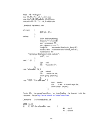 # rpm –ivh <packages>:
bind-9.8.2-0.17.rc1.el6_4.6.i686.rpm
bind-libs-9.8.2-0.17.rc1.el6_4.6.i686.rpm
bind-utils-9.8.2-0.17.rc1.el6_4.6.i686.rpm
Create file: /etc/named.conf
acl mynet {
192.168.1.0/24
};
options {
allow-transfer {none;};
directory” /var/named”;
query-source port 53;
query-source-v6 port 53;
dump-file “var/named/data/cache_dump.db”;
statistics-file “var/named/data/named_stats.txt”;
mamstatistics-file
“var/named/data/named_mem_stats.txt”;
notify yes;
};
zone “.” IN {
type hint;
file “named.root”;
};
zone “athena.lab” IN {
type master;
file “athena.lab.db”;
allow-query {mynet;};
};
zone “1.168.192.in-addr.arpa” {
type master;
file “1.168.192.in-addr.arpa.db”;
allow-query {mynet;};
};
Create file: /var/named/named.root by downloading via internet with the
command: # wget http://www.internic.net/zones/named.root
Create file: /var/named/athena.lab
$TTL 86400
@ IN S0A dns.athena.lab. root. {
46 ; serial
3H ; refresh
xix
 