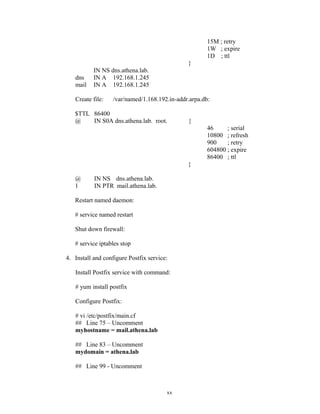 15M ; retry
1W ; expire
1D ; ttl
}
IN NS dns.athena.lab.
dns IN A 192.168.1.245
mail IN A 192.168.1.245
Create file: /var/named/1.168.192.in-addr.arpa.db:
$TTL 86400
@ IN S0A dns.athena.lab. root. {
46 ; serial
10800 ; refresh
900 ; retry
604800 ; expire
86400 ; ttl
}
@ IN NS dns.athena.lab.
1 IN PTR mail.athena.lab.
Restart named daemon:
# service named restart
Shut down firewall:
# service iptables stop
4. Install and configure Postfix service:
Install Postfix service with command:
# yum install postfix
Configure Postfix:
# vi /etc/postfix/main.cf
## Line 75 – Uncomment
myhostname = mail.athena.lab
## Line 83 – Uncomment
mydomain = athena.lab
## Line 99 - Uncomment
xx
 