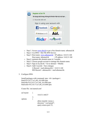 o Step 1: Access www.dot.tk to get a free domain name: athenacd.tk
o Step 2: Use DNS > Dot TK DNS Service
o Step 3: Host name: www.athenacd.tk > IP address: 14.0.31.168
Host name: athenacd.tk > IP address: 14.0.31.168
o Step 4: maintain this domain name in 3 months
o Step 5: Choose google account to manage this domain name
o Step 5: Sign in my.dot.tk > Go to domain > Modify
o Step 6: Add 2 records > Save changes
A Record > mail.athenacd.tk > 14.0.31.168
MX Record > athenacd.tk > mail.athenacd.tk
3. Configure DNS:
Install packages with command: rpm –ivh <packages>:
bind-9.8.2-0.17.rc1.el6_4.6.i686.rpm
bind-libs-9.8.2-0.17.rc1.el6_4.6.i686.rpm
bind-utils-9.8.2-0.17.rc1.el6_4.6.i686.rpm
Create file: /etc/named.conf
acl mynet {
14.0.31.160/27
};
options {
allow-transfer {none;};
directory” /var/named”;
query-source port 53;
xxvi
 