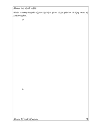 Báo cáo thực tập tốt nghiệp

thì cửa sẽ mở tự động nhờ bộ phận đặc biệt ở gờ cửa có gắn phản hồi với động cơ qua bộ
xử lý trung tâm.
          e)




          f)




Bộ môn Kỹ thuật điều khiển                                                         13
 