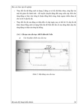 Báo cáo thực tập tốt nghiệp

   -   Thay đổi tốc độ bằng cách sử dụng 2 động cơ có tốc độ khác nhau, cùng lắp vào
       một bộ giảm tốc hành tinh – để truyền chuyển động đến tang cuốn cáp. Khi cho
       từng động cơ làm việc riêng lẻ (hoặc đồng thời) cùng, hoặc ngược chiều nhau sẽ
       cho ra tới 4 cấp tốc độ.
   -   Thay đổi tốc độ của động cơ điện đến vô cấp (ngày nay có thể tới 16 cấp tốc độ
       khác nhau) bằng cách sử dụng biến tần để biến đổi tần số của dòng điện cấp cho
       từng động cơ điện của từng hệ thống.


       2.4.3. Cấu tạo của cầu trục ABUS dầm đôi 5 tấn
          a)    Các bộ phận chính của cầu trục




                              Hình 2: Mặt đứng của cầu trục




Bộ môn Kỹ thuật điều khiển                                                        24
 