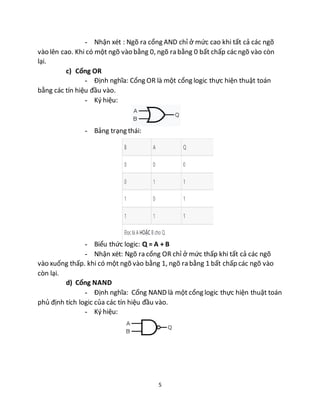 5
- Nhận xét : Ngõ ra cổng AND chỉ ở mức cao khi tất cả các ngõ
vào lên cao. Khi có một ngõ vào bằng 0, ngõ ra bằng 0 bất chấp các ngõ vào còn
lại.
c) Cổng OR
- Định nghĩa: Cổng OR là một cổng logic thực hiện thuật toán
bằng các tín hiệu đầu vào.
- Ký hiệu:
- Bảng trạng thái:
- Biểu thức logic: Q = A + B
- Nhận xét: Ngõ ra cổng OR chỉ ở mức thấp khi tất cả các ngõ
vào xuống thấp. khi có một ngõ vào bằng 1, ngõ ra bằng 1 bất chấp các ngõ vào
còn lại.
d) Cổng NAND
- Định nghĩa: Cổng NAND là một cổng logic thực hiện thuật toán
phủ định tích logic của các tín hiệu đầu vào.
- Ký hiệu:
 