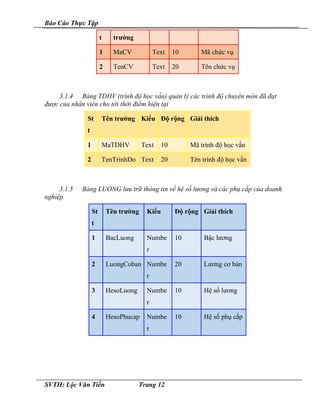 Báo Cáo Thực Tập
t trường
1 MaCV Text 10 Mã chức vụ
2 TenCV Text 20 Tên chức vụ
3.1.4 Bảng TDHV (trình độ học vấn) quản lý các trình độ chuyên môn đã đạt
được của nhân viên cho tới thời điểm hiện tại
St
t
Tên trường Kiểu Độ rộng Giải thích
1 MaTDHV Text 10 Mã trình độ học vấn
2 TenTrinhDo Text 20 Tên trình độ học vấn
3.1.5 Bảng LUONG lưu trữ thông tin về hệ số lương và các phụ cấp của doanh
nghiệp
St
t
Tên trường Kiểu Độ rộng Giải thích
1 BacLuong Numbe
r
10 Bậc lương
2 LuongCoban Numbe
r
20 Lương cơ bản
3 HesoLuong Numbe
r
10 Hệ số lương
4 HesoPhucap Numbe
r
10 Hệ số phụ cấp
SVTH: Lộc Văn Tiến Trang 12
 