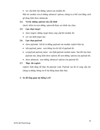 12
SVTH: Bùi Thanh Dung
 set: cấu hình cho những option của module đó.
Một vài module còn có những advanced options, chúng ta có thể xem bằng cách
gõ dòng lệnh show advanceds.
2.4. Verify những options vừa cấu hình
check: kiểm tra xem những option đã được set chính xác chưa.
2.5. Lựa chọn target
 show targets: những target được cung cấp bởi module đó.
 set: xác định target nào.
2.6. Lựa chọn payload
 show payloads: liệt kê ra những payload của module exploit hiện tại.
 info payload_name: xem thông tin chi tiết về payload đó.
 set payload payload_name: xác định payload module name. Sau khi lựa chọn
payload nào, dùng lệnh show options để xem những options của payload đó.
 show advanced: xem những advanced options của payload đó.
2.7. Thực thi exploit
exploit: lệnh dùng để thực thi payload code. Payload sau đó sẽ cung cấp cho
chúng ta những thông tin về hệ thống được khai thác.
3. Sơ đồ tổng quan hệ thống LAN
 