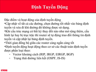 ATHENA
Định Tuyến Động
Đặc điểm và hoạt động của định tuyến động
•Cập nhật về tất cả các đường, chọn đường tốt nhất vào bảng định
tuyến và xóa đi khi đường đó không được sử dụng.
•Khi cấu trúc mạng có bất kỳ thay đổi nào như mở rộng thêm, cấu
hình lại hay bị trục trặc thì router sẽ tự động trao đổi thông tin định
tuyến và cập nhật lại bảng định tuyến.
•Thời gian đồng bộ giữa các router càng ngắn càng tốt
•Định tuyến động hoạt động theo cơ sở các thuật toán định tuyến
được phân loại theo:
- Vector khoảng cách (RIP, IRGP, EIRGP, BGP)
- Trạng thái đường liên kết (OSPF, IS-IS)
 