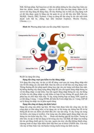 SQL bất hợp pháp, Sql Injection có thể cho phép những kẻ tấn công thực hiện các
thao tác, delete, insert, update,… trên cơ sỡ dữ liệu của ứng dụng, thậm chí là
server mà ứng dụng đó đang chạy, lỗi này thường xãy ra trên các ứng dụng web
có dữ liệu được quản lý bằng các hệ quản trị cơ sở dữ liệu như SQL Server,
MySQL, Oracle, DB2, Sysbase. Công cụ dùng để tấn công là chỉ cần một trình
duyệt web bất kì, chẳng hạn như Internet Explorer, Mozila Firefox,
Chrome,.v..v..
Hình 14. Phương pháp luận của tấn công SQL Injection
5.1.2 Các dạng tấn công
Dạng tấn công vượt qua kiểm tra lúc đăng nhập
Với dạng tấn công này, tin tặc có thể dễ dàng vượt qua các trang đăng nhập nhờ
vào lỗi khi dùng các câu lệnh SQL thao tác trên cơ sở dữ liệu của ứng dụng web.
Thông thường để cho phép người dùng truy cập vào các trang web được bảo mật,
hệ thống thường xây dựng trang đăng nhập để yêu cầu người dùng nhập thông tin
về tên đăng nhập và mật khẩu. Sau khi người dùng nhập thông tin vào, hệ thống
sẽ kiểm tra tên đăng nhập và mật khẩu có hợp lệ hay không để quyết định cho
phép hay từ chối thực hiện tiếp. Ví dụ, trong trường hợp sử dụng ASP, người ta
có thể dùng 2 trang : 1 trang HTML để hiển thị Form nhập liệu và 1 trang ASP để
xử lý thông tin nhập vào từ phía người dùng
Dạng tấn công sử dụng câu lệnh Select
Dạng tấn công này phức tạp hơn. Để thực hiện được kiểu tấn công này, kẻ tấn
công phải có khả năng hiểu và lợi dụng các sơ hở trong các thông báo lỗi từ hệ
thống để dò tìm các điểm yếu khởi đầu cho việc tấn công. Ví dụ, trong các trang
tìm kiếm, các trang có textbox. Các trang này cho phép người dùng nhập vào các
thông tin tìm kiếm như Họ, Tên, … Đoạn mã thường gặp để tìm kiếm. Tương tự
như trên, tin tặc có thể lợi dụng sơ hở trong câu truy vấn SQL để nhập vào trường
tên tác giả bằng chuỗi giá trị, Lúc này, ngoài câu truy vấn đầu không thành công,
chương trình sẽ thực hiện thêm lệnh tiếp theo sau từ khóa UNION nữa. Câu truy
vấn này sẽ thực hiện việc mà hacker mong muốn trong câu lệnh của họ.
 