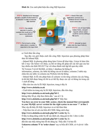 Hình 16. Các cách phát hiện tấn công SQl Injection
c. Cách thức tấn công
Sau đây xin giới thiệu cách tấn công SQL Injection qua phương pháp khai
thác lỗi Inband SQL
- Inband SQL là phương pháp dùng hàm Union để khai thác, Union là hàm liên
kết 2 truy vấn Select với nhau, cụ thể nó dùng để ghép nối các kết quả của hai
hay nhiều câu lệnh SELECT lại với nhau thành một tập kết quả duy nhất.
Từ Version 5 trở đi MySQL có thêm 1 database hệ thống là
information_schema, các table hệ thống của nó là tables, columns 2 table này
chứa tên các table và column của Website trên hệ thống
- Inband SQL là lỗi cho phép hiện số column và tên từng column của các bảng,
từ đó khi biết được bảng rồi thì ta có thể lấy được các cột và thông tin trong cột
1 cách dễ dàng
- Đầu tiên tìm site bị lỗi SQL Injection, trang ở đây là
http://www.abslatin.co.uk
- Cách kiểm tra trang này bị lỗi SQL Injection, đầu tiên chạy
http://www.abslatin.co.uk/node.php?id=1
không thấy lỗi gì, tiếp theo thêm dấu ‘ sau số 1 là
http://www.abslatin.co.uk/node.php?id=1’ thấy báo
You have an error in your SQL syntax; check the manual that corresponds
to your MySQL server version for the right syntax to use near ''' at line 1
Như vậy đã thấy lỗi SQL Injection và có thề khai thác
- Tiếp theo tìm số cột của biểu đồ CSDL bằng cách chạy
http://www.abslatin.co.uk/node.php?id=1 order by 1--
Ở đây ta dùng dùng order by đế xác định cột, tăng giá trị lên 1 đơn vị như
http://www.abslatin.co.uk/node.php?id=1 order by 2--
đến khi nào thấy thông bào lỗi thì dừng lại. Thấy đến 5 là báo lỗi
Unknown column '5' in 'order clause' suy ra biểu đồ CSDL có 4 cột từ 1 đến
4.
 