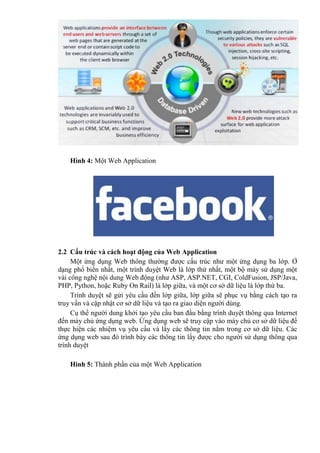 Hình 4: Một Web Application
2.2 Cấu trúc và cách hoạt động của Web Application
Một ứng dụng Web thông thường được cấu trúc như một ứng dụng ba lớp. Ở
dạng phổ biến nhất, một trình duyệt Web là lớp thứ nhất, một bộ máy sử dụng một
vài công nghệ nội dung Web động (như ASP, ASP.NET, CGI, ColdFusion, JSP/Java,
PHP, Python, hoặc Ruby On Rail) là lớp giữa, và một cơ sở dữ liệu là lớp thứ ba.
Trình duyệt sẽ gửi yêu cầu đến lớp giữa, lớp giữa sẽ phục vụ bằng cách tạo ra
truy vấn và cập nhật cơ sở dữ liệu và tạo ra giao diện người dùng.
Cụ thể người dung khởi tạo yêu cầu ban đầu bằng trình duyệt thông qua Internet
đến máy chủ ứng dụng web. Ứng dụng web sẽ truy cập vào máy chủ cơ sở dữ liệu để
thực hiện các nhiệm vụ yêu cầu và lấy các thông tin nằm trong cơ sở dữ liệu. Các
ứng dụng web sau đó trình bày các thông tin lấy được cho người sử dụng thông qua
trình duyệt
Hình 5: Thành phần của một Web Application
 